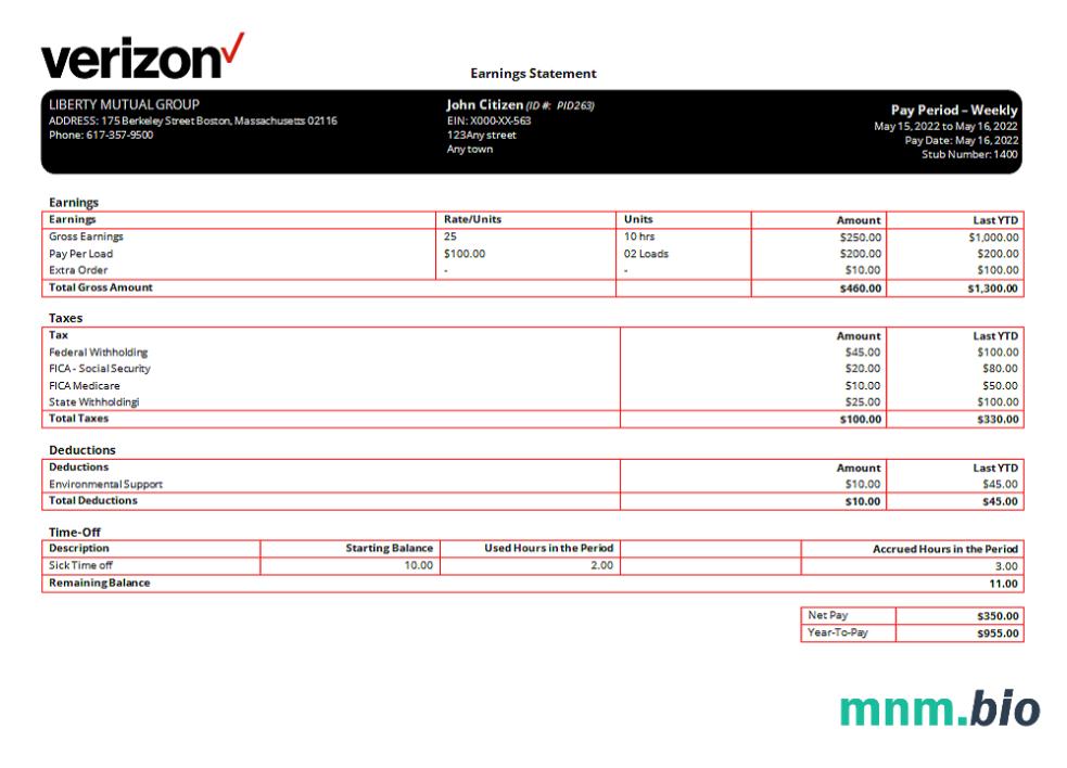 USA Verizon telecommunication company pay stub